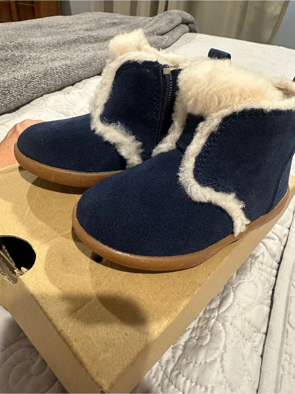 UGG Kids Navy Suede Shearling-Trim Booties